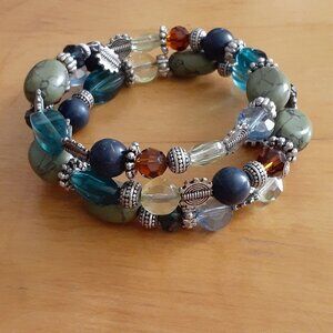 Mixed Media 3 Layer Memory Wire Bracelet Alternating Assorted Colored Beads